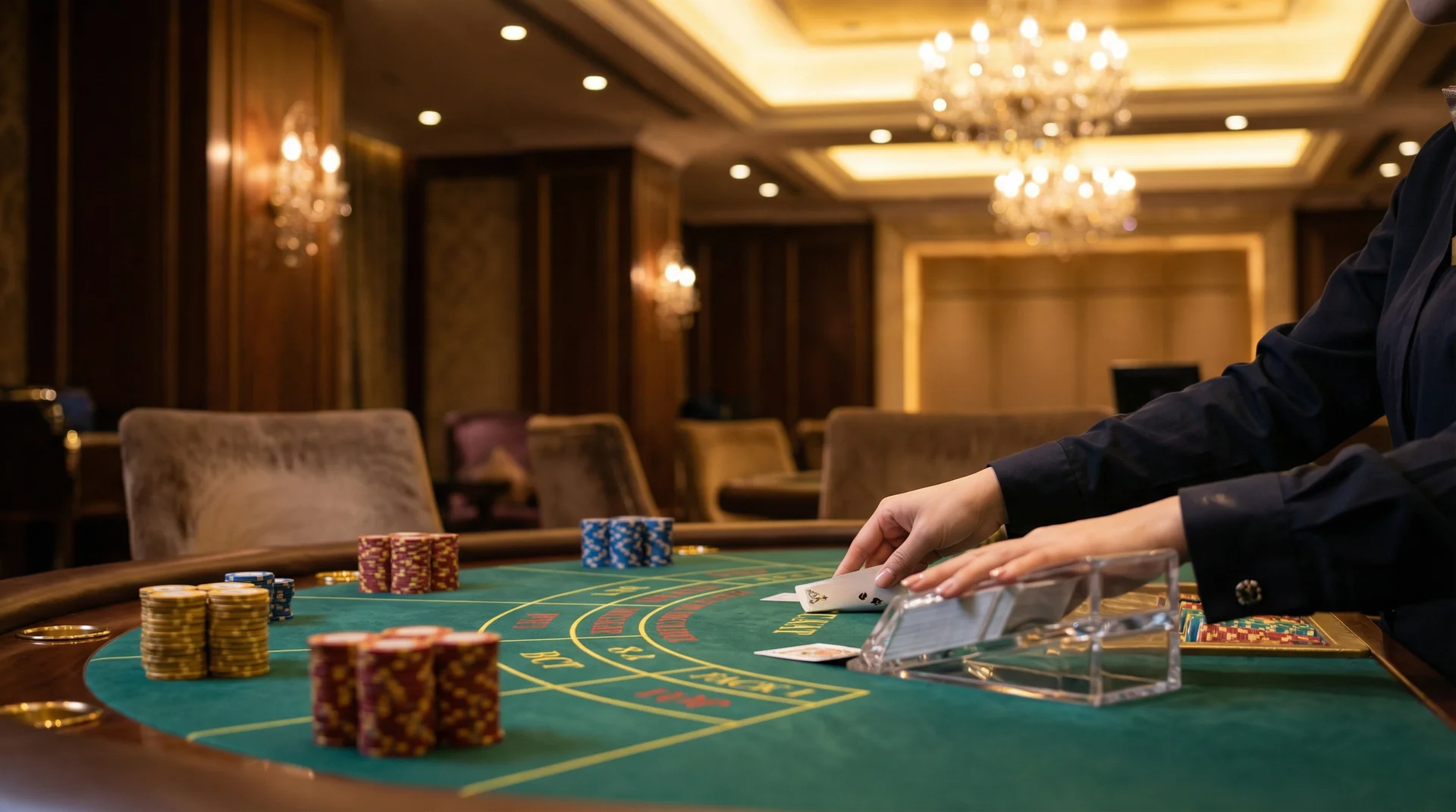 百家乐牌桌上荷官发牌的专业场景