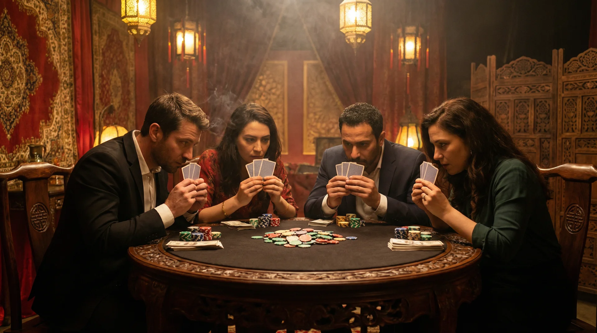 炸金花游戏中玩家偷看底牌的经典画面