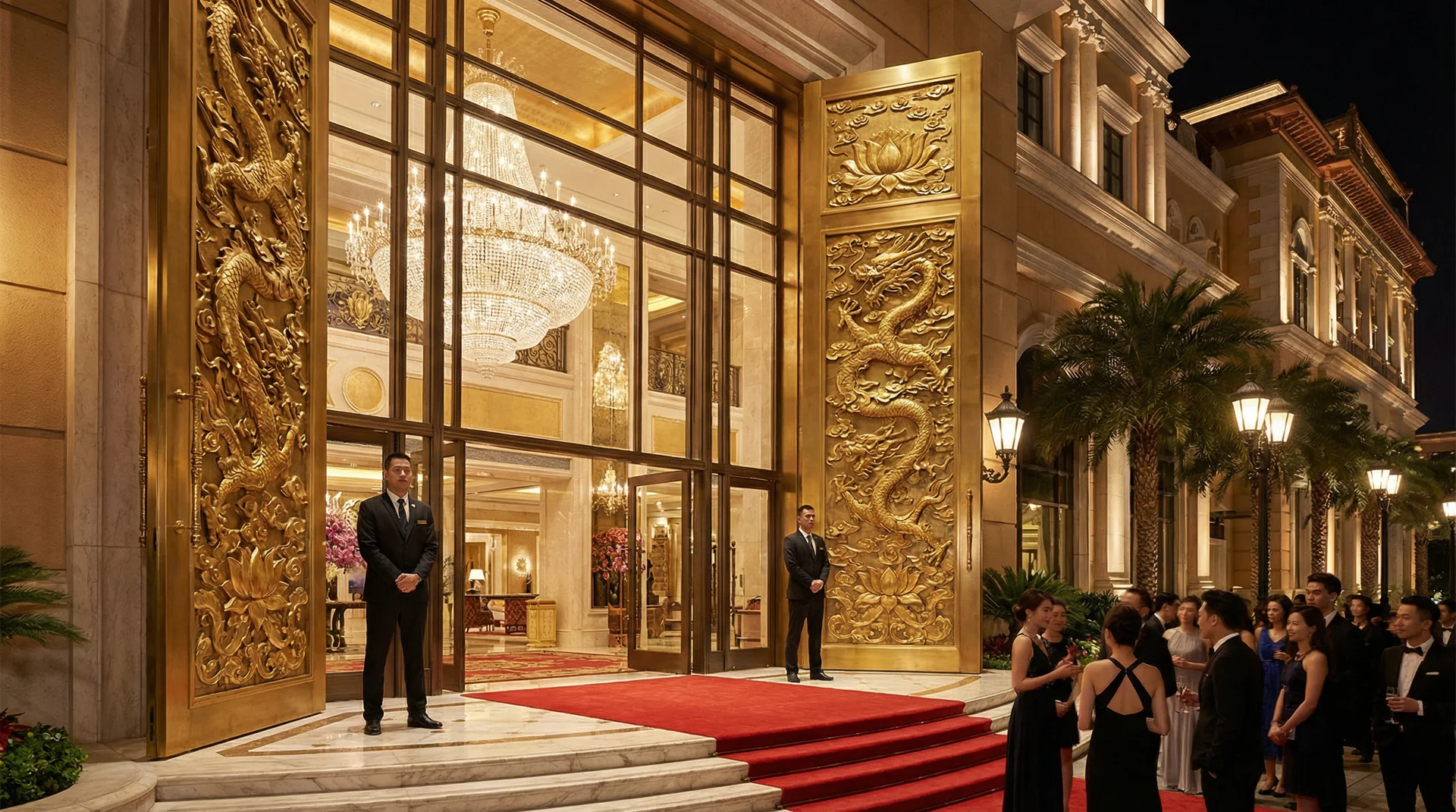 澳门豪华娱乐场入口金色龙雕大门和红毯迎宾